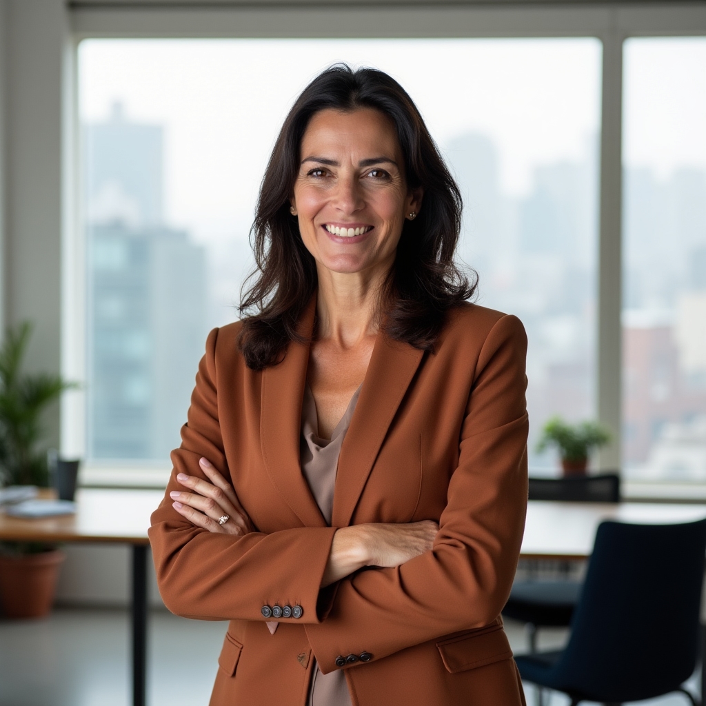 Ritratto professionale in un ufficio luminoso con vetrate