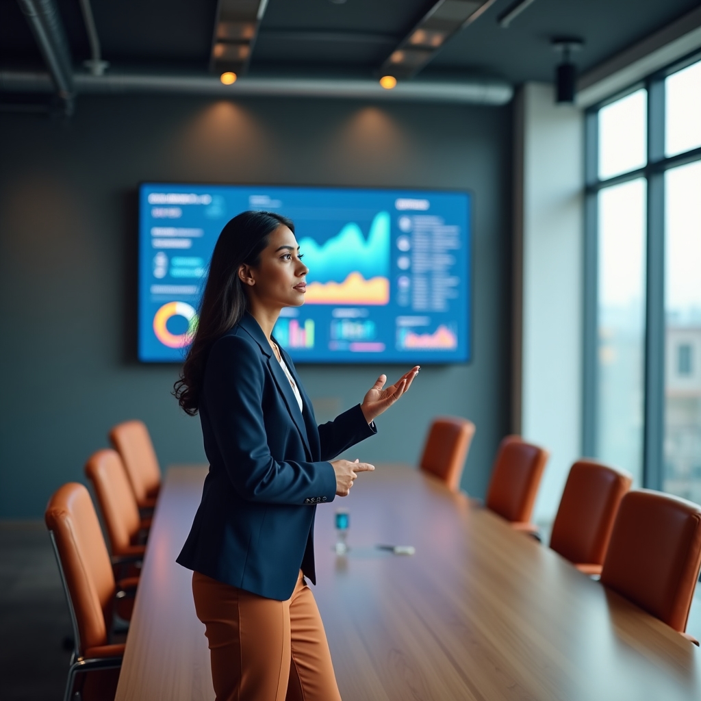 Manager che osserva una dashboard su schermo in un ufficio luminoso