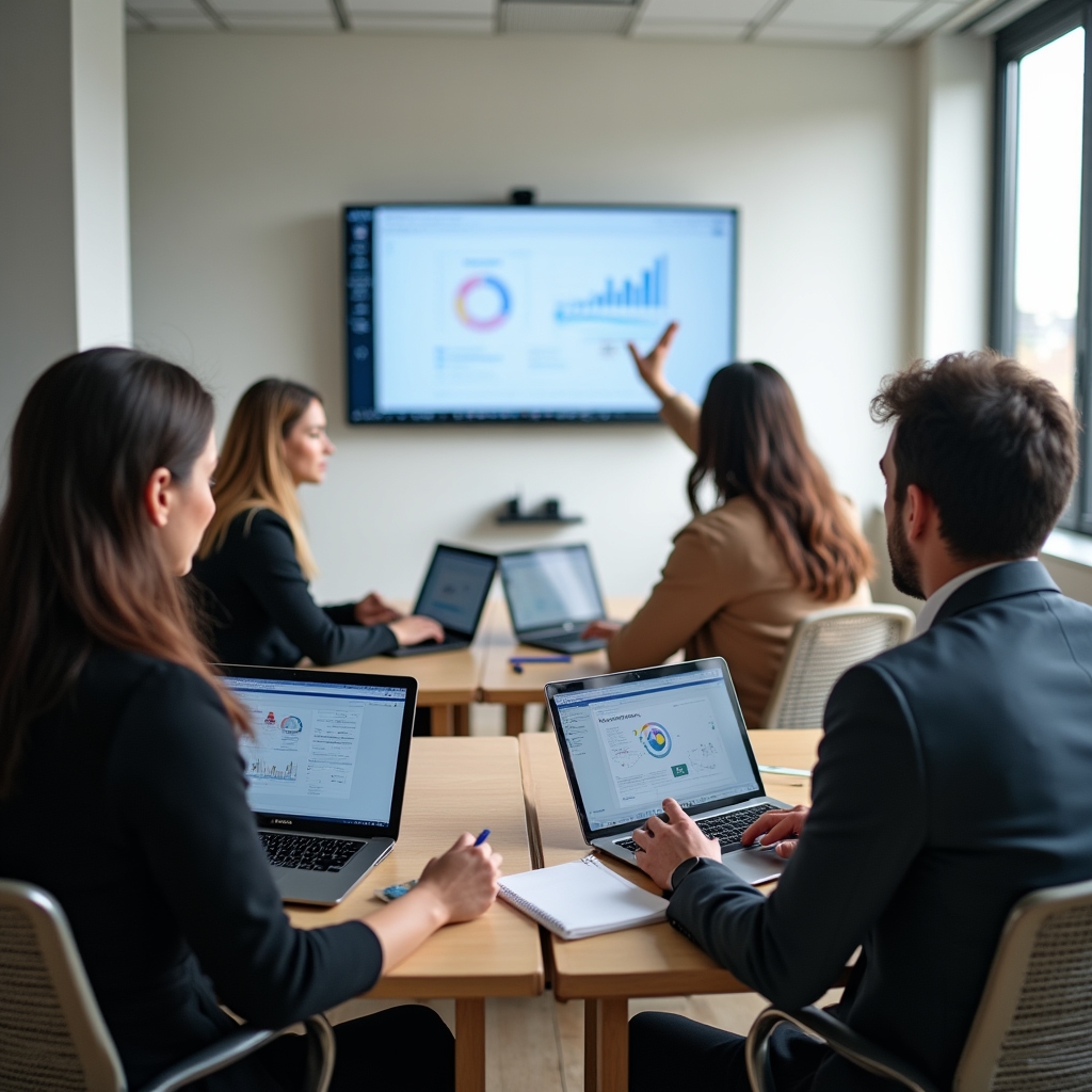 Sessione di formazione online con partecipanti concentrati su casi di dashboard